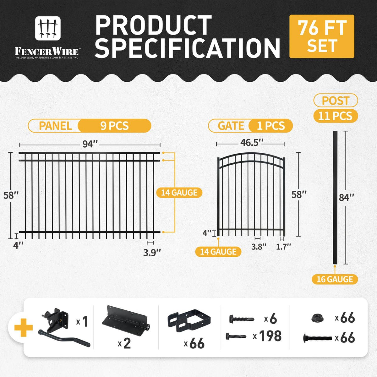 Fencer Wire 76FT Heavy Duty Flat Top Fence Barrier Kit, Anti-Rust Metal Steel Fence with 5FT Height X 8FT Width Panels, with Arched Gate, Posts, Connectors, Outdoor Fencing for Yard
