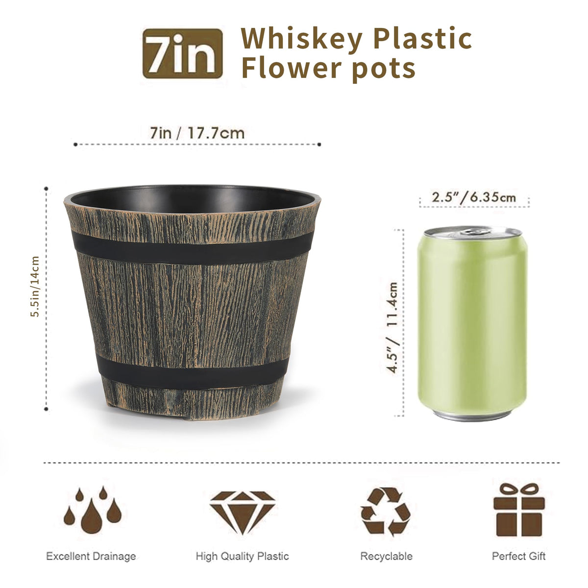 WEICHENGXING 5 Pack 7 Inch Plastic Plant Pots, Whiskey Barrel Planters, Flower Pots for Indoor Outdoor Home Herb Snake Plants, Durable Pots, Set of 5
