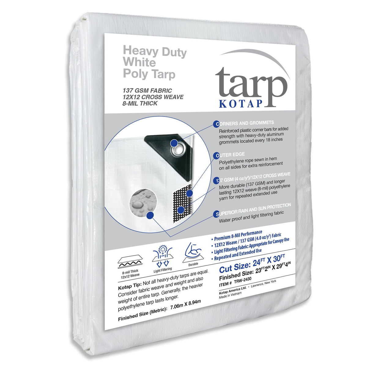 Kotap 24 x 30 Ft. Heavy-Duty Protection/Coverage Tarp, Superior Weave for Greater Longevity 8-mil, Multi-Use, Waterproof, White, 1-Pack (TRW-2430)