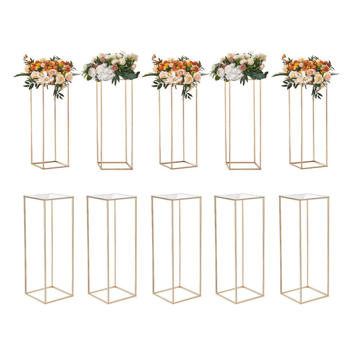 VEVOR 10PCS 31.5inch High Wedding Flower Stand, With Acrylic Laminate,Metal Vase Column Geometric Centerpiece Stands, Gold Rectangular Floral Display Rack for Events Reception, Party Decoration