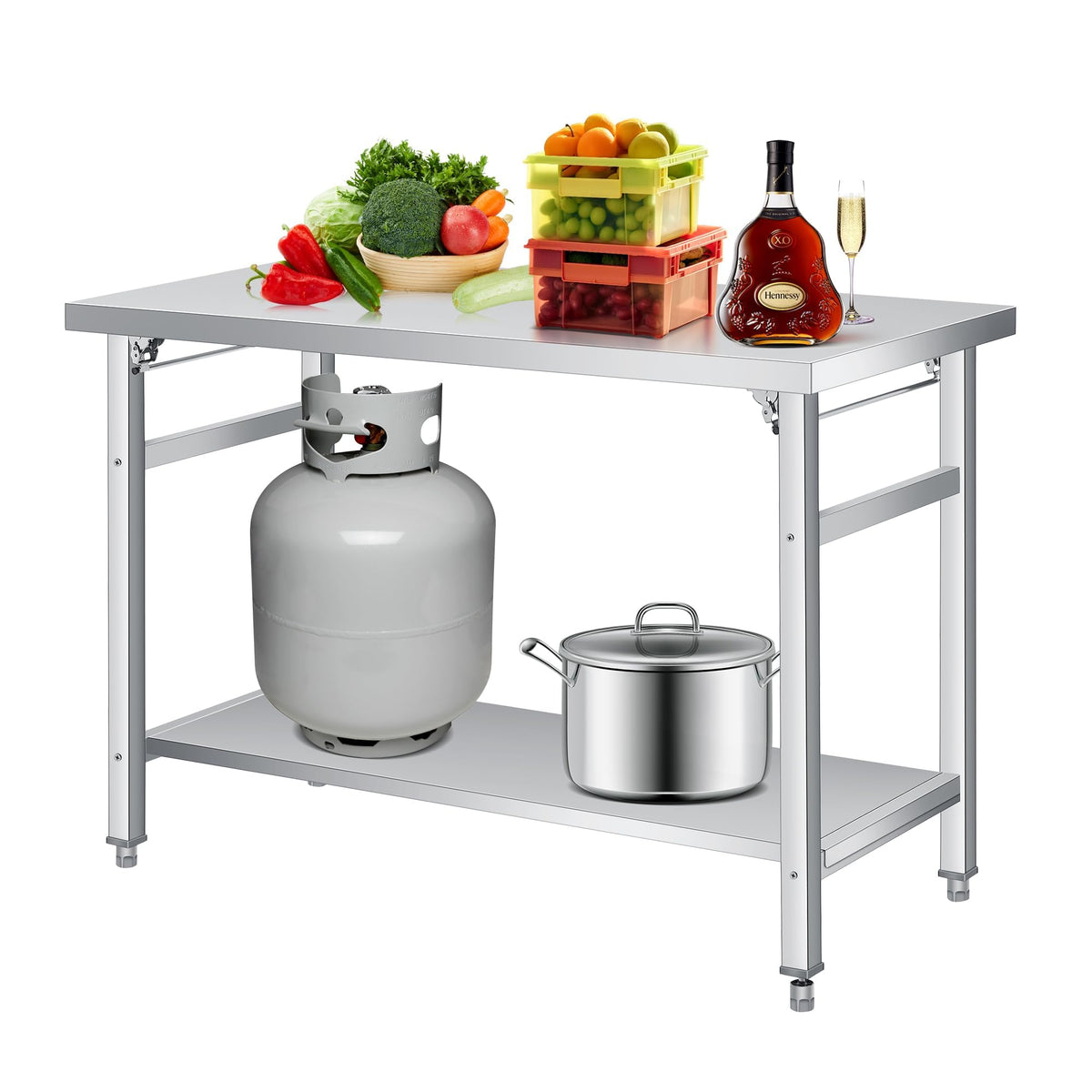 Stainless Steel Worktable 48x24 Inch, Folding Commercial Prep Table, 920 Lbs Load, Heavy-Duty Folding Table with Adjustable Undershelf & Feet, Double Tier Portable Workstation for Kitchen & Garage