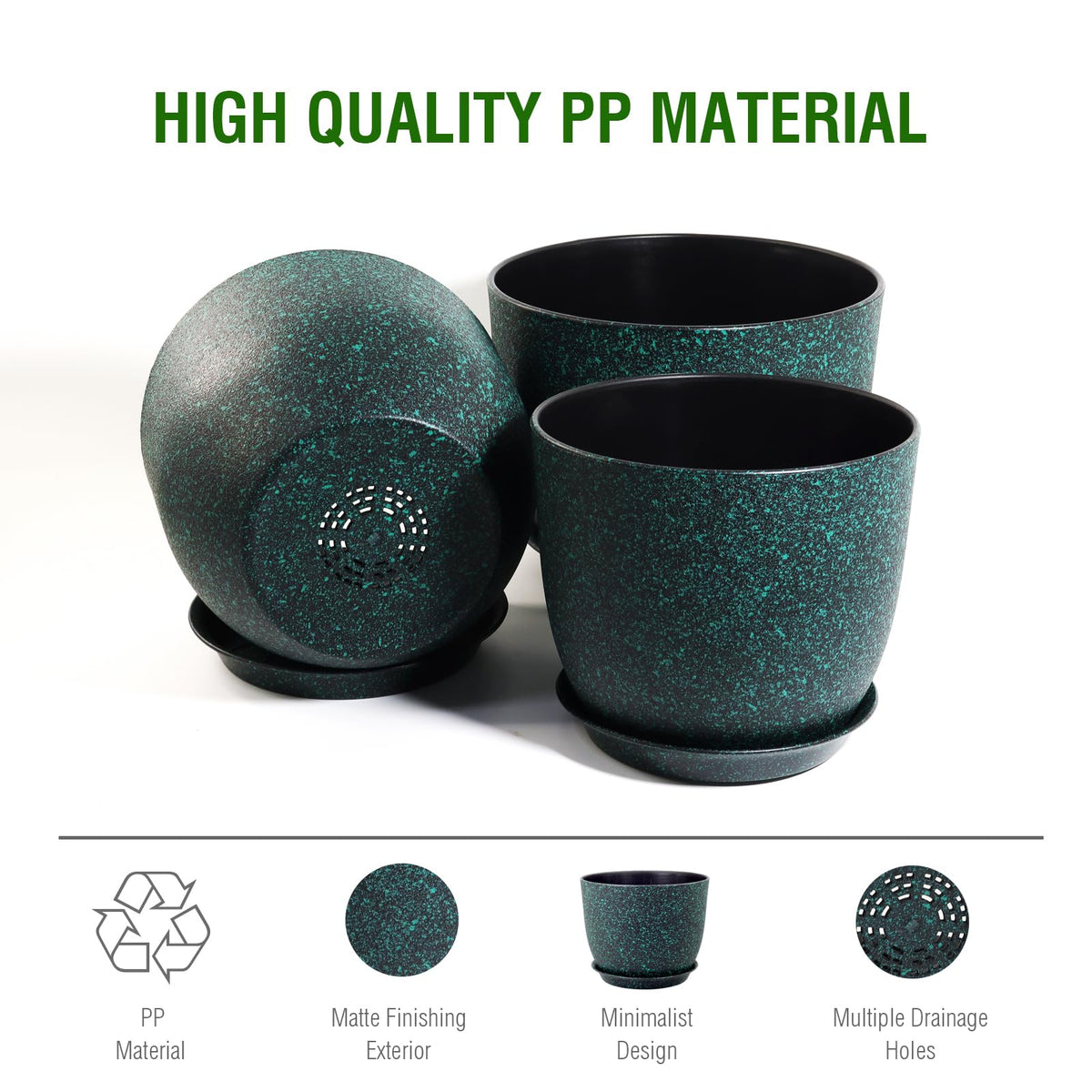 WSMKSZ Plant Pots 10/9/8 inch, Set of 3 Modern Decorative Plastic Planters with Drainage Holes and Saucers for Garden House Plants, Flower Pots for Indoor Outdoor Plants, Black with Green Speckles