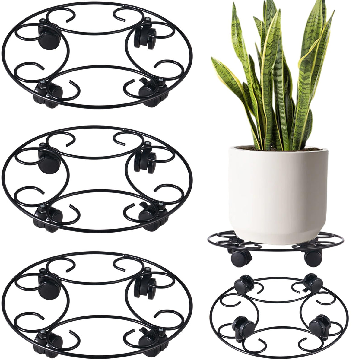 3 Packs 12.8" Metal Plant Caddy With Wheels - Large Rolling Stands Heavy-Duty Wrought Iron Roller Base Pot Movers Saucer Indoor Outdoor Dolly Coasters Planter Tray