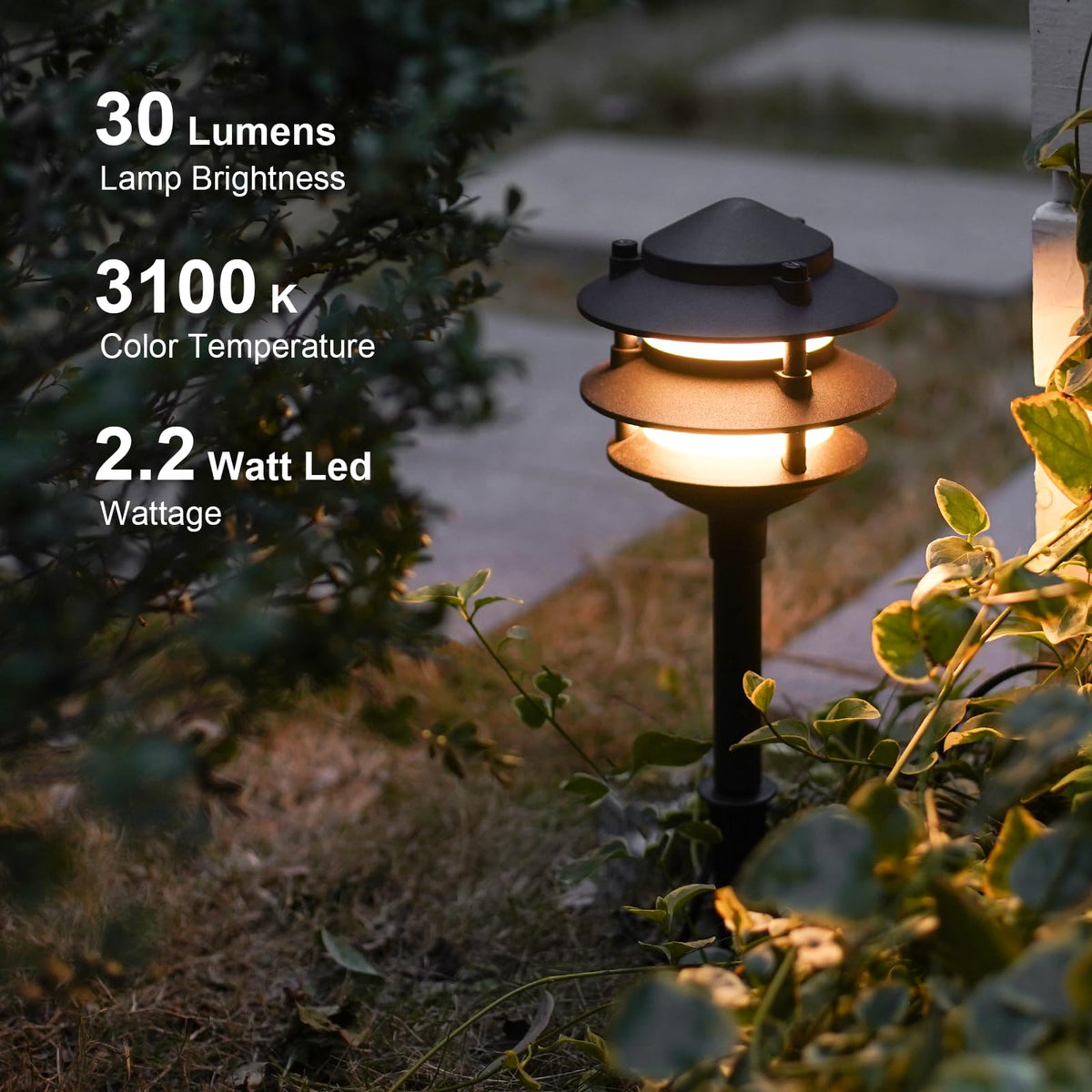 GOODSMANN Landscape Lighting 4PK Pathway Lights Low Voltage 2.2 Watt LED 12V AC Landscape Lights 30 Lumen Warm White with Cable Connectors Metal Stakes 9122-21102-04A