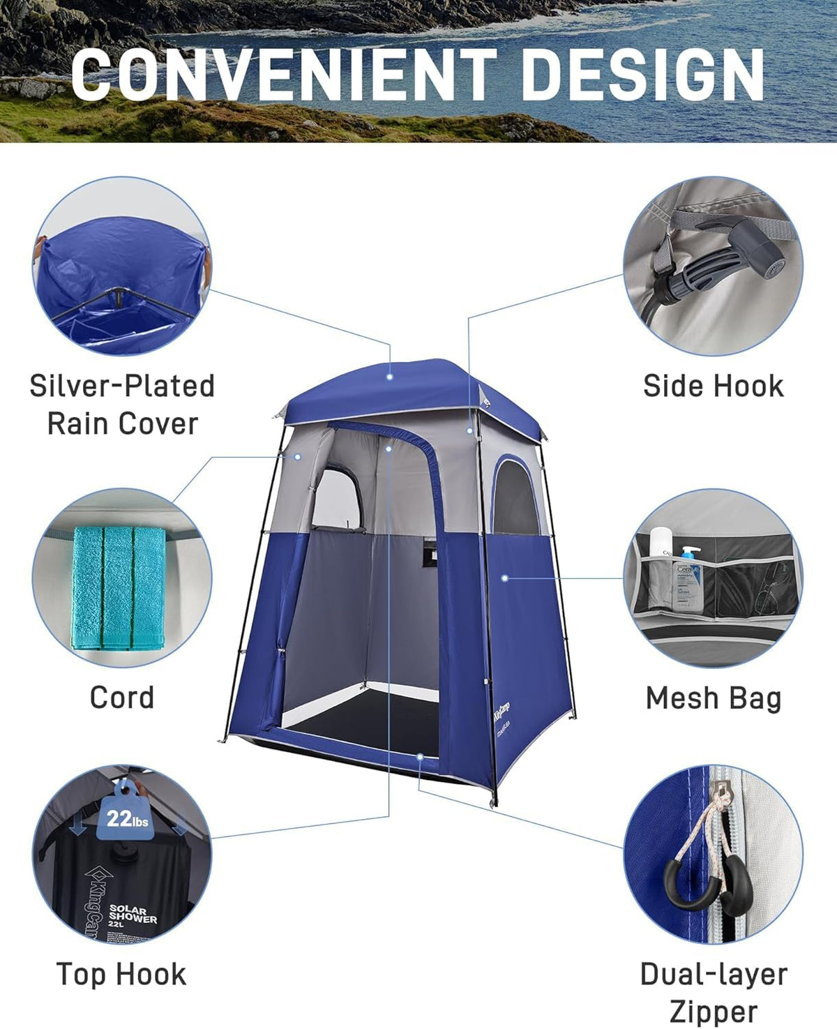 KingCamp Shower Tent, Portable Privacy Tent Outdoor Camping 1/2 Room Toilet Tents with Shower Bag & Dressing Room for Travel Beach Tailgate