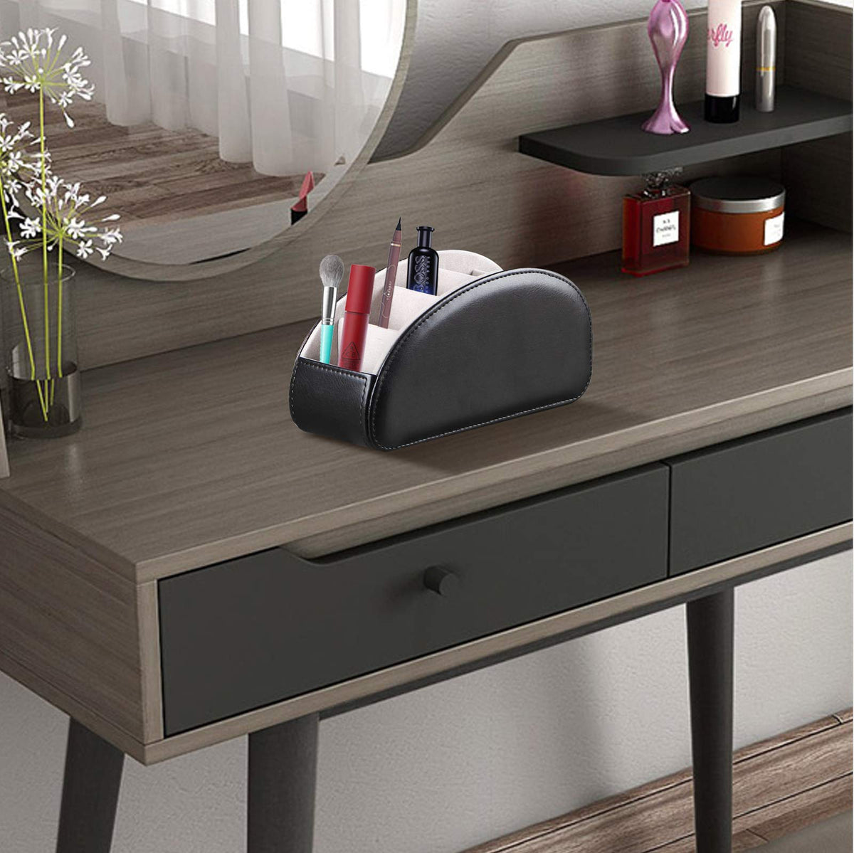 All-in-One Leather TV Remote Control Holder Black with 5 Compartments Nightstand Desktop DVD Media Player Remote Caddy Storage Box Organizer Tray For Makeup Brush Pen Stationary Table Controllers