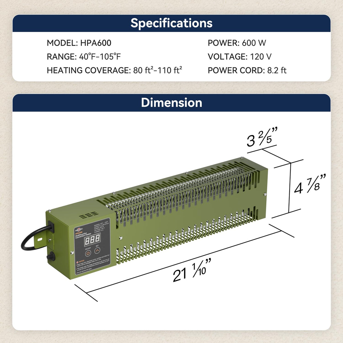 AEGONAN Utility Heater with Built-In Thermostat, 600W Electric Pump House Heater 120V, HPA600 Multifunction Convection Heater, Freeze Protection in Pump Houses, Utility Rooms, etc, Army Green