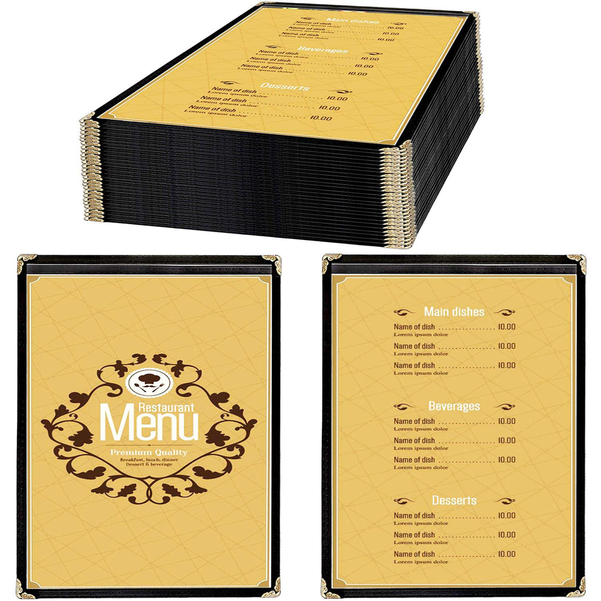 25 Pack of Menu Covers - Single Page, Fits 8.5 x 11 Inch Paper Menu Holder Double Stitched Restaurant Menu Covers-Gold