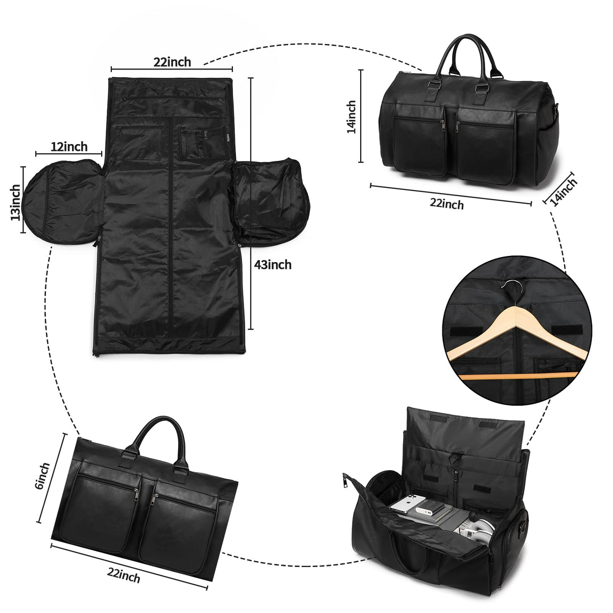 Convertible Travel Garment Bag,Carry on Garment Duffel Bag for Men Women - 2 in 1 Hanging Suitcase Suit Business Travel Bag Black