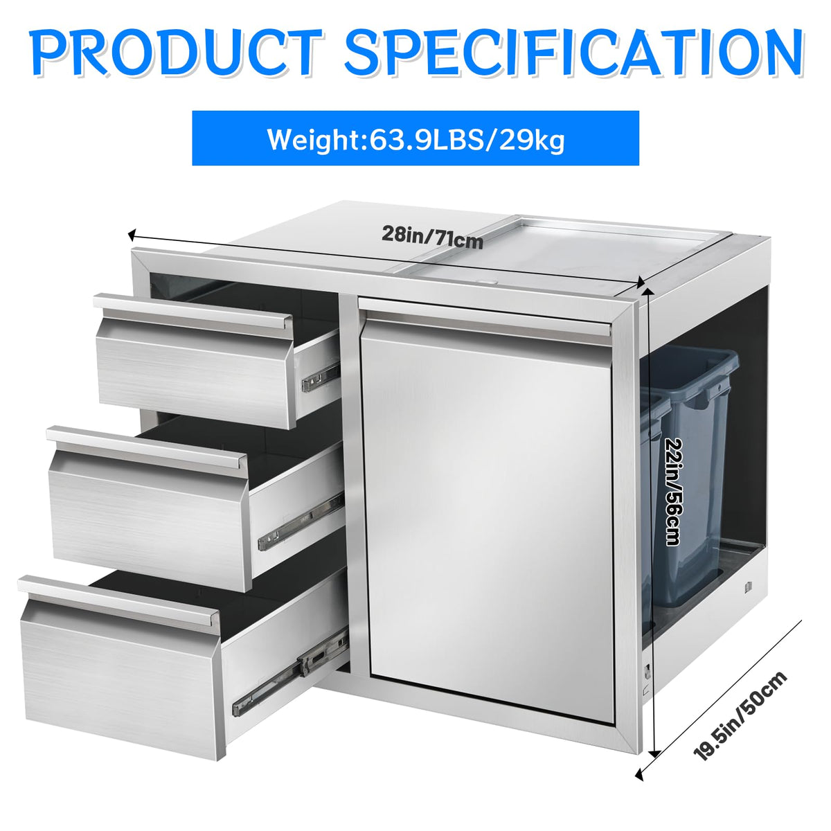 Duluciate Outdoor Kitchen Drawer Combo, Stainless Steel Triple Drawer Cabinet with Built-in Trash Bin Drawer & Two Trash Cans, 28" W x 22" H x 19.5" D Outdoor Kitchen Storage for BBQ Grill Islands