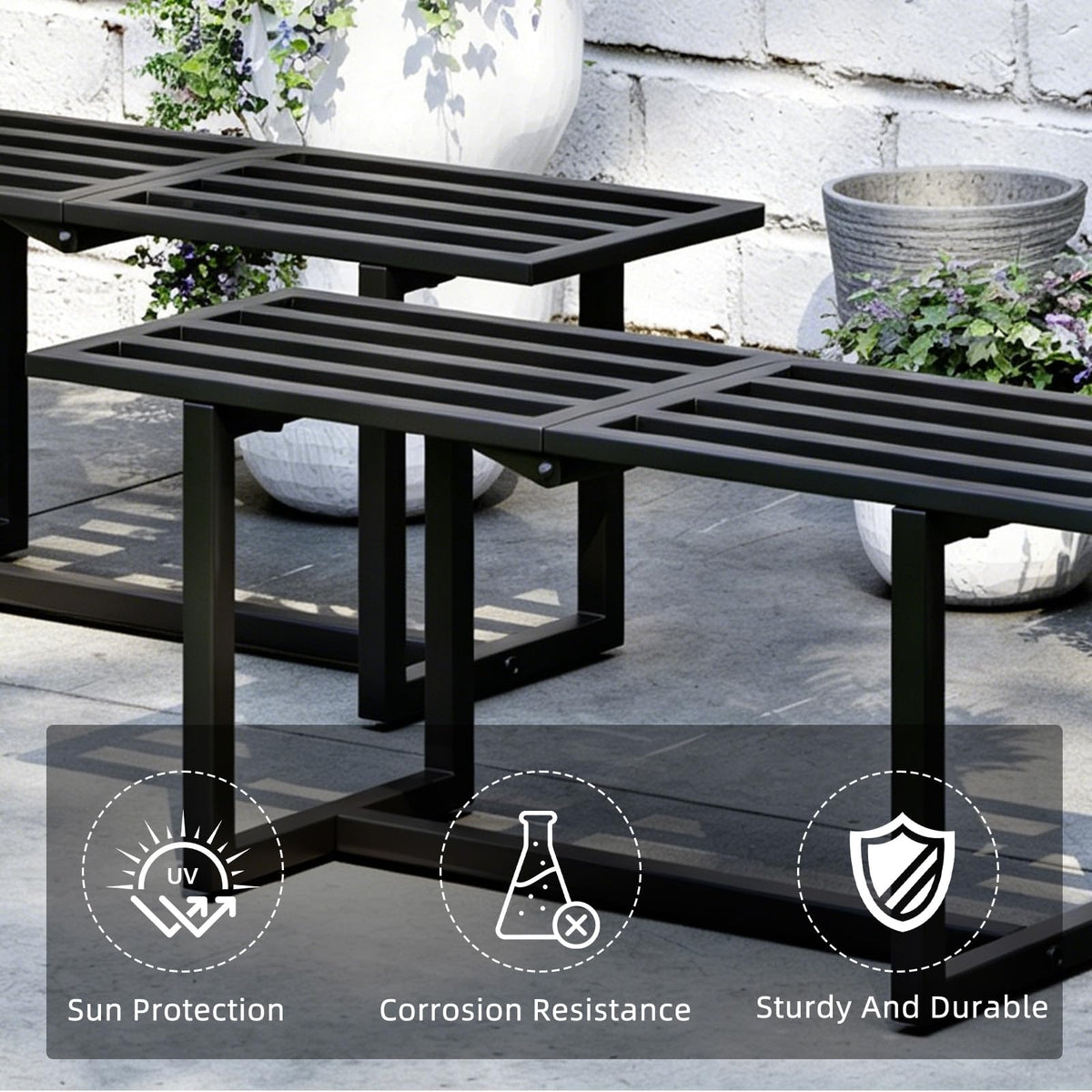 Rioneta Plant Stand Indoor Outdoor, Foldable Metal Plant Shelf for Multiple Pots, Mid Century Slatted Bench for Patio Garden, Heavy Duty Capacity 330 lbs 2 Pack Black
