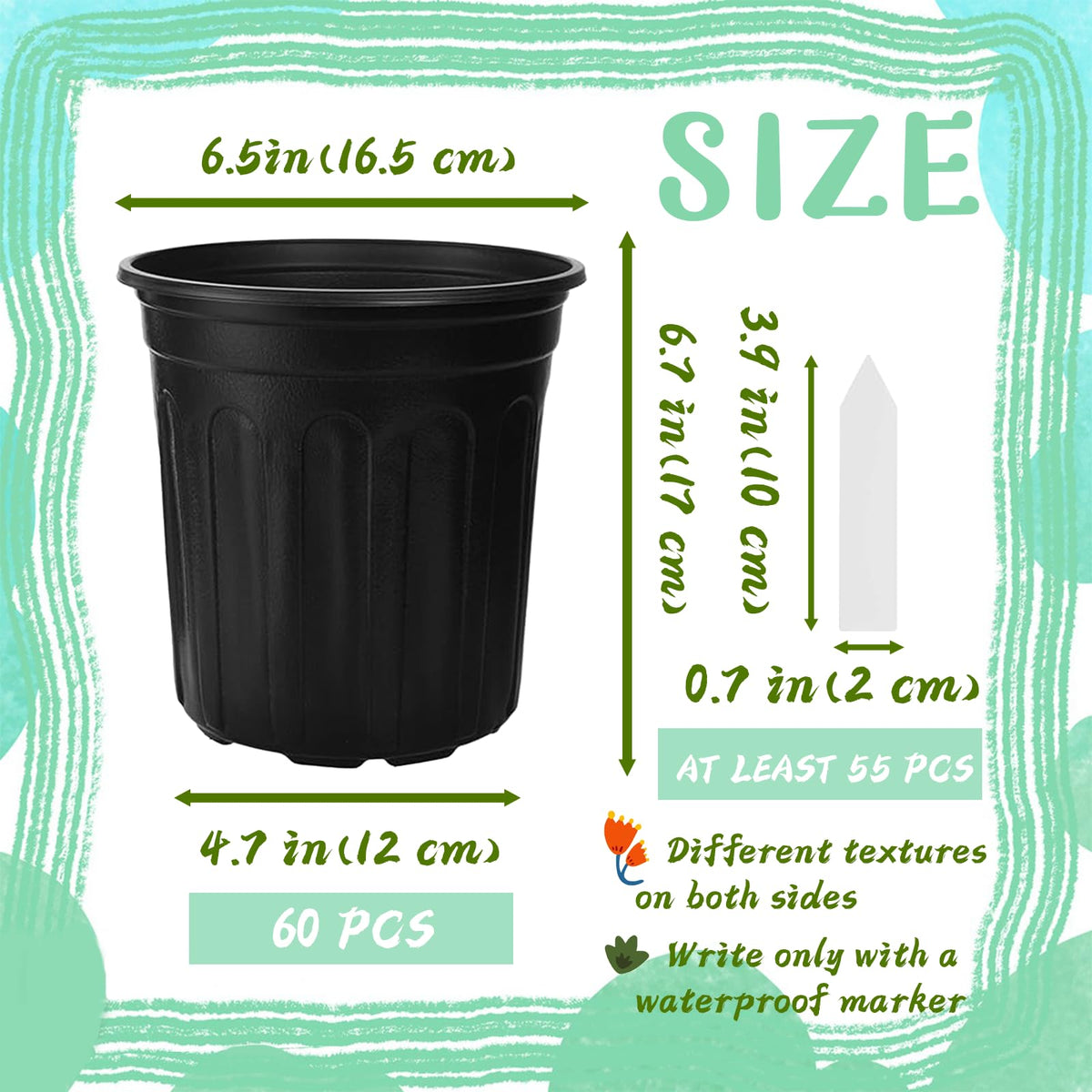 Paradi star 60 Pcs 1 Gallon Flexible Plant Nursery Pots,Plastic Thickened Soft Seedling Pot with Plant Labels,Flower Seed Starting Containers for Succulents,Transplanting,Indoor Outdoor,Black
