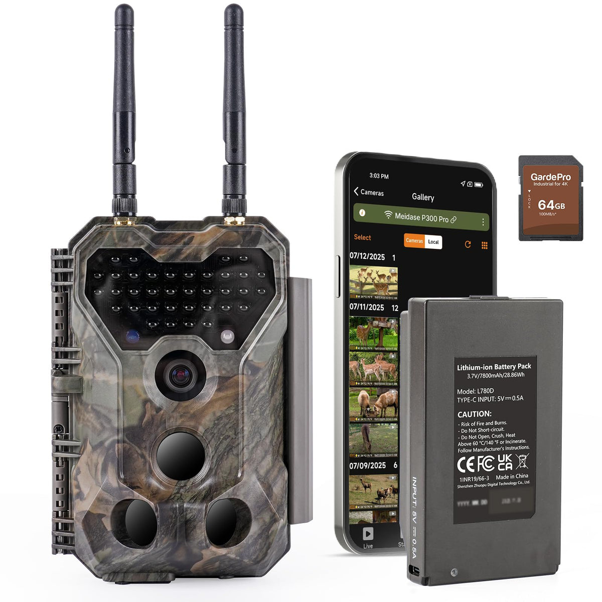 Meidase P300 Pro (Non-Cellular) WiFi Trail Camera, Dual-Antenna 165ft Range, 7800mAh Battery,Fast 0.1s Trigger Speed Motion Activated 64MP Photos, 1296p HD Video, 64GB Industrial SD Card Included