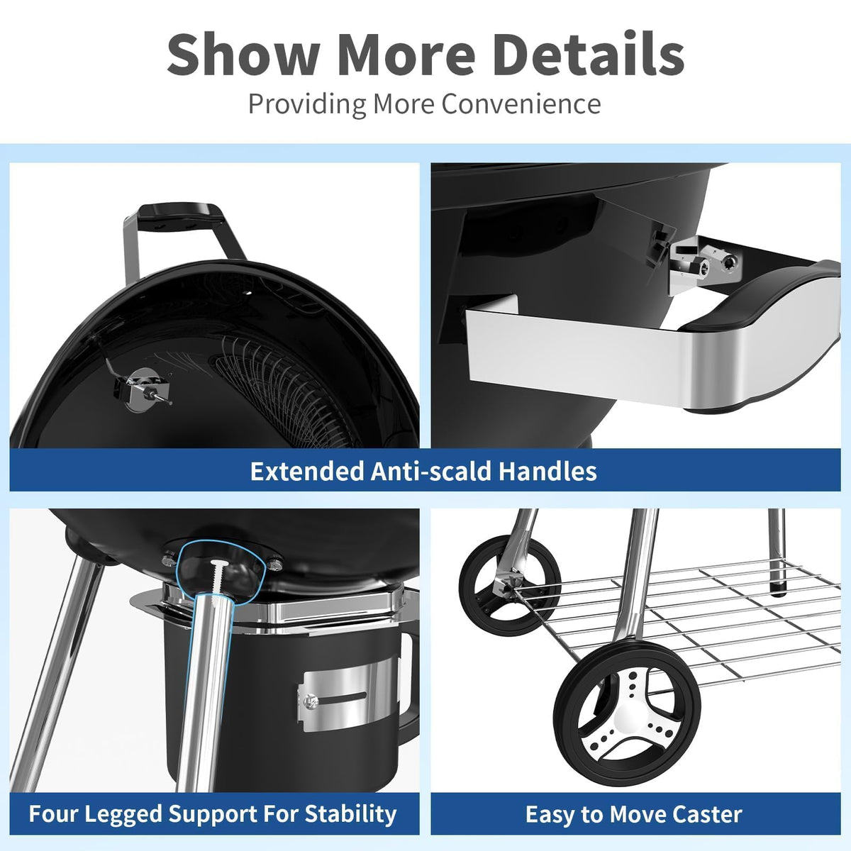 22.5-Inch Portable Charcoal Grill, Heavy Duty Kettle BBQ Smoker with Built-in Thermometer & Removable Water-Rinsable Ash Catcher for Outdoor Camping, Patio, Backyard, and Tailgating