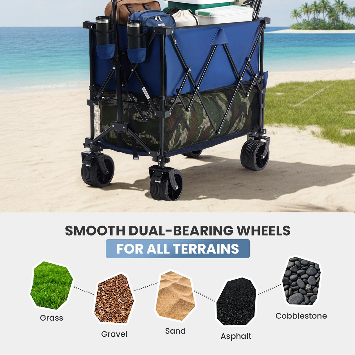DUMOS 440LBS Heavy Duty Double Decker Wagon with 51IN Extender, 400L Large Capacity Collapsible Garden Cart, All-Terrain 7IN Wheels with Brakes, Foldable Utility Wagon for Shopping, Camping, Blue