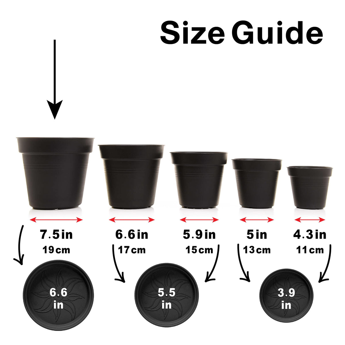 Mintra Garden Pots, 4 Pack Bulk Plastic Plant Pots with Drainage Tray, Round Indoor & Outdoor Decorative Planters with Drain Holes for Flowers, Herbs & Plants, 19cm Diameter – Black, 7.5 in