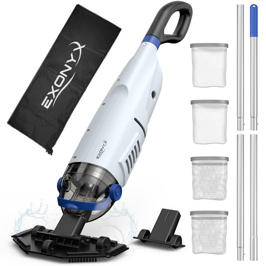 EXONYX Cordless Pool Vacuum for Above Ground Pool, 18.5GPM Enhanced Suction Handheld Pool Vacuum with 72.85" Pole, 60 Min RunTime Rechargeable Pool Vacuum Cleaner (4 Filter Bags, 2 heads, Storage Bag)
