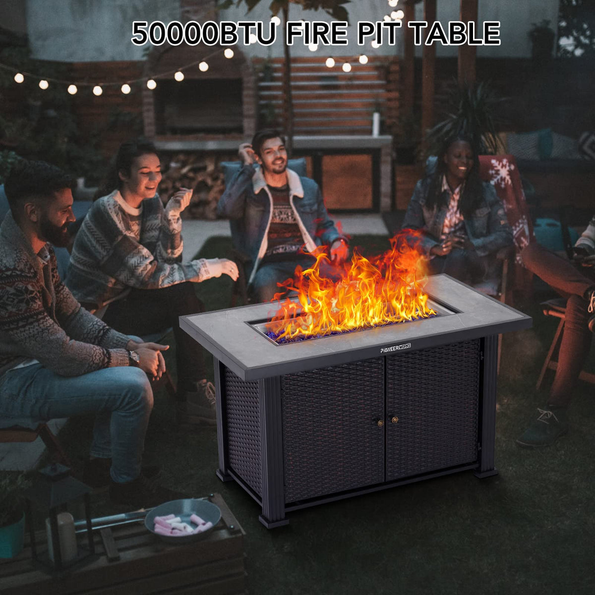 Garvee 44 in Propane Fire Pit Table (Double Door), 50000BTU Rectangle Fire Table with Cover & Rain Cover, Sturdy Steel and Iron Fence Surface, CSA Safety Certified, Companion for Your Garden