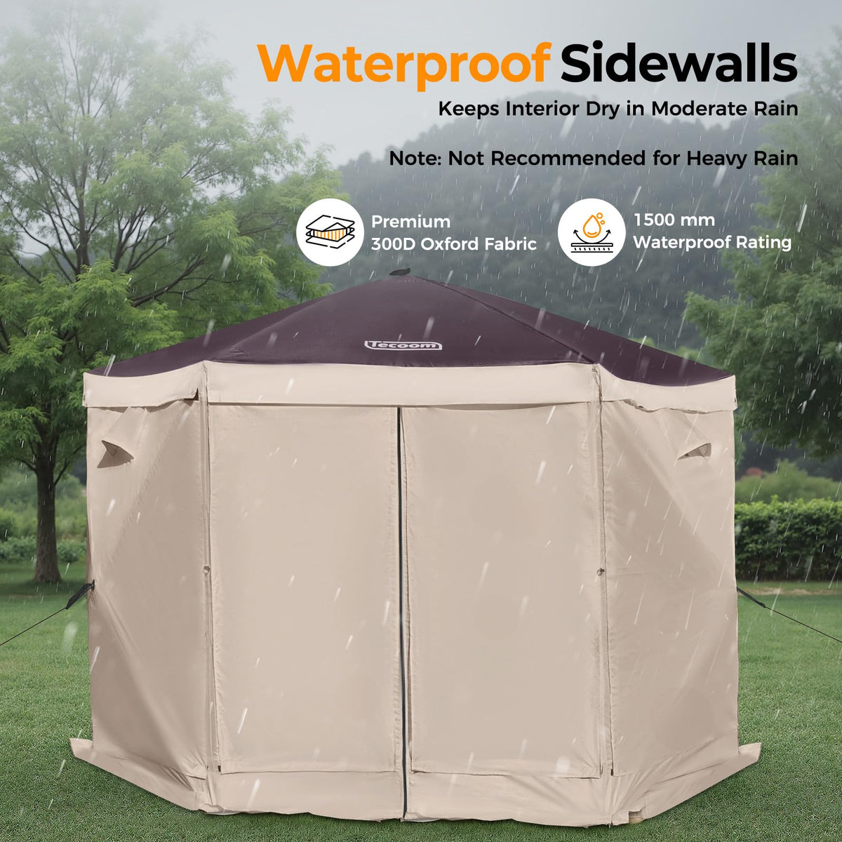 Tecoom 6-Sided Pop Up Gazebo Tent, Screen House with Mosquito Netting Canopy for Camping, 10x10ft Portable Sun Shelter Removable Siedwalls for Outdoor, Garden, Activities, Khaki