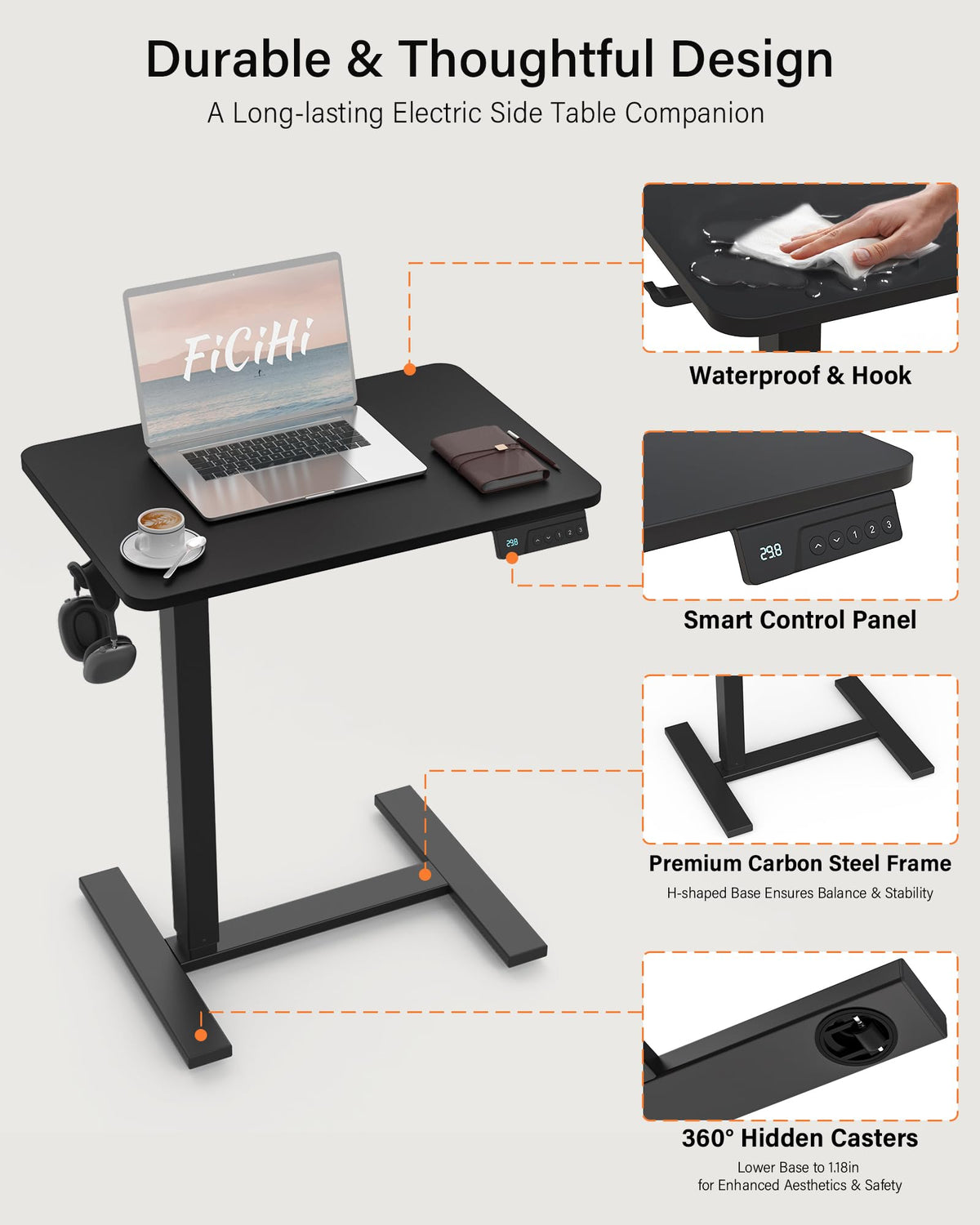 FiCiHi Electric Standing Desk with Wheels – Adjustable Height Mobile Sit-Stand Laptop Table, Portable Rolling Small Computer Workstation for Home Office & Bedside Use (24"x16", Black)