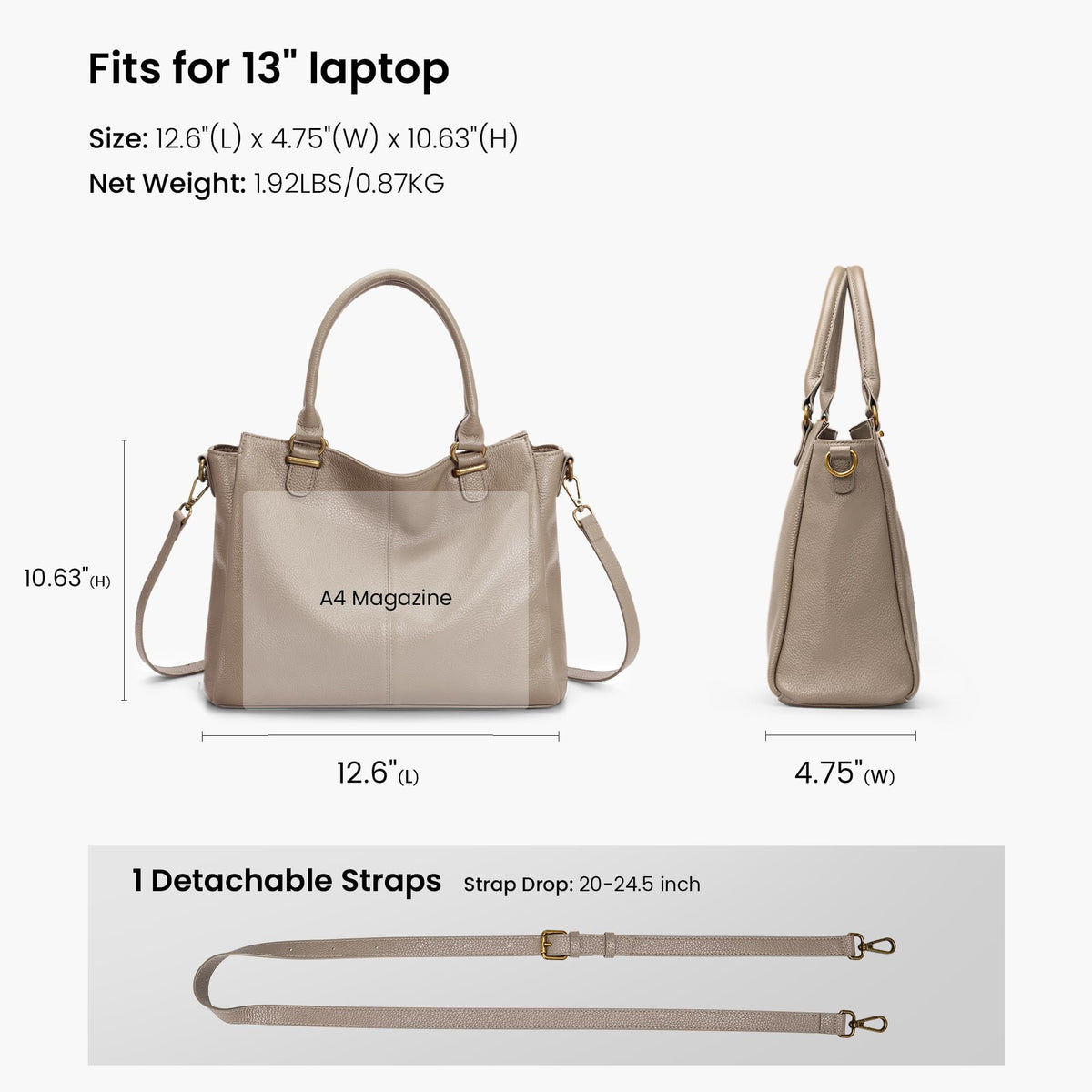 befen Soft Genuine Leather Medium Tote Bag Crossbody Bags for Women Leather Purses Handbags Satchel Purse Shouder Bag with Top Handles for Daily & Travel Taupe
