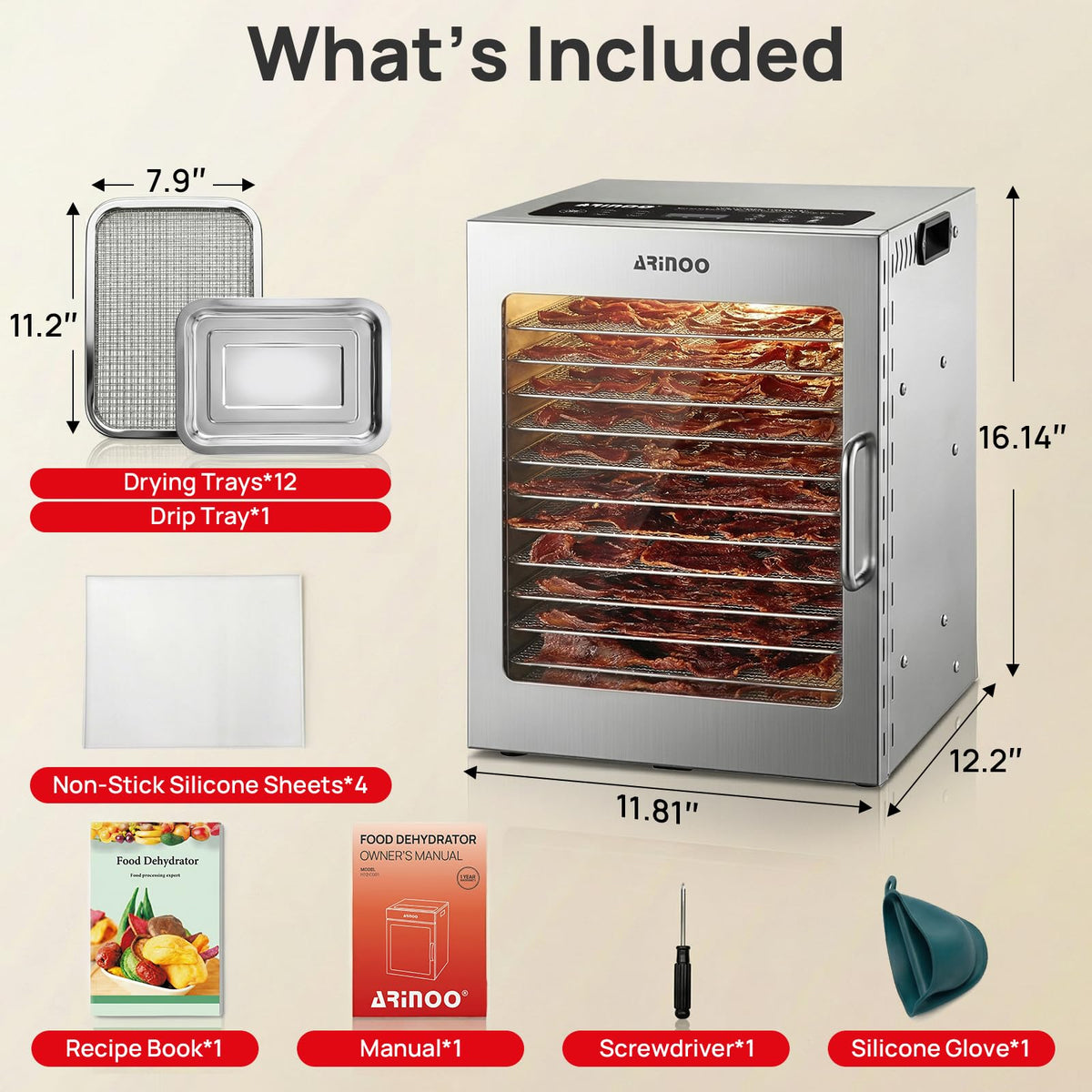ARINOO Food Dehydrator Machine with 12 Stainless Steel Trays, 48H Timer, 85°-195°F Temp Control, 800W Powerful Mushroom Dryer, Food Dryer for Jerky, Dog Treat, Herbs, Fruit, Commercial and Home Use