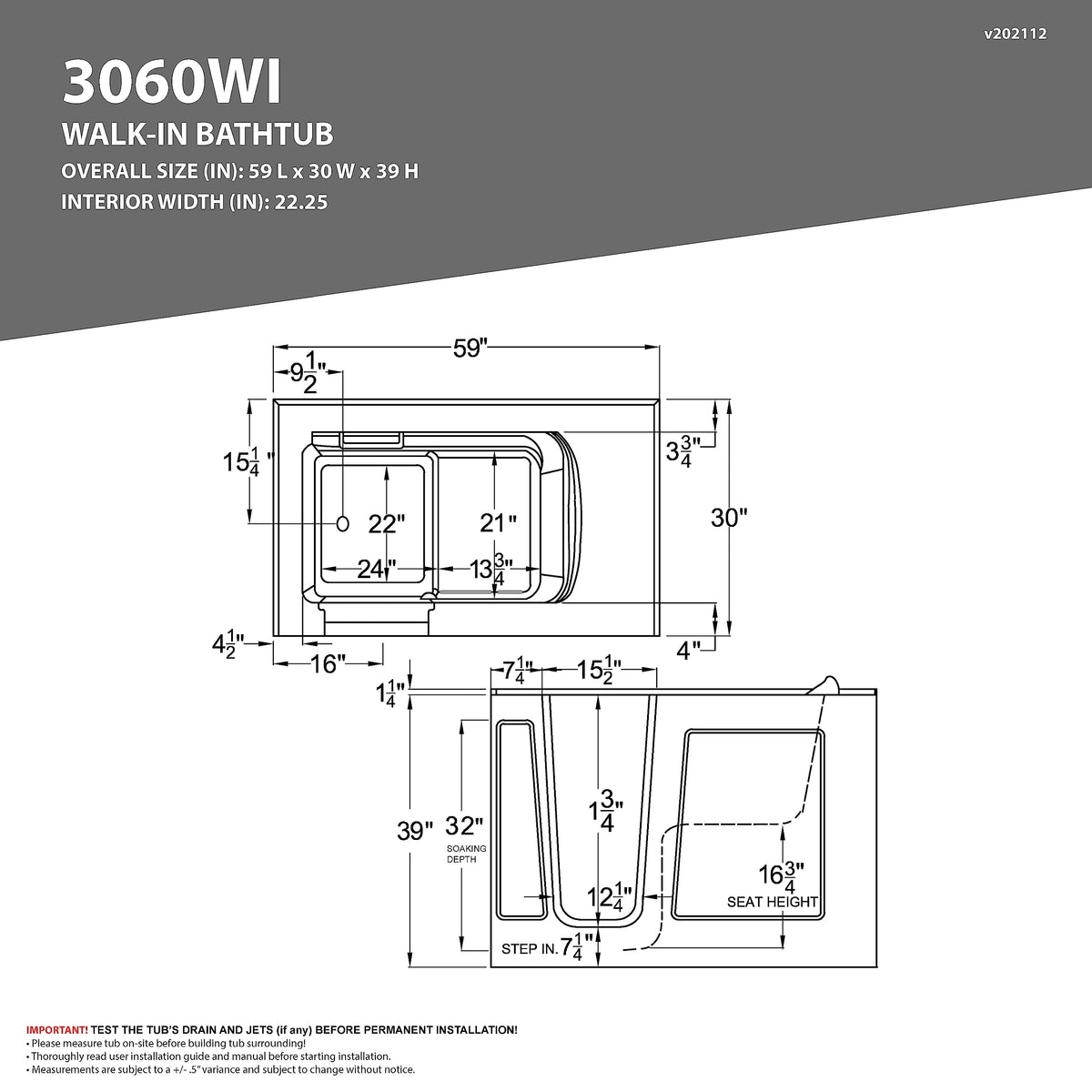 ANZZI Walk-In Tub, 30 x 60 in, Right Drain, Air & Whirlpool Jets, 110V