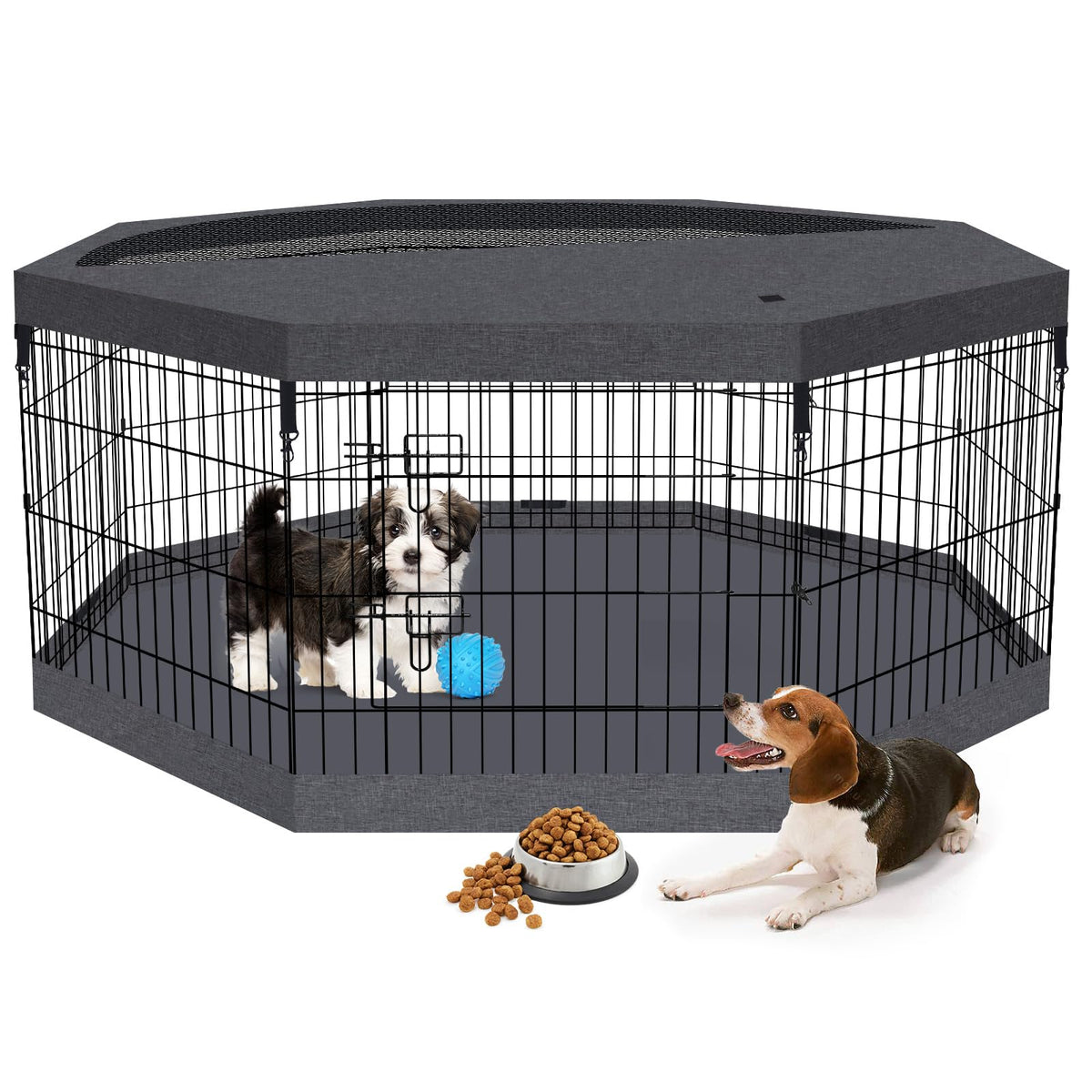 Foldable Metal Wire Dog Pen Pet Playpen Dog Fence Indoor Exercise Pen Enclosure Indoor Outdoor with Bottom Pad and Top Cover (Black 24 top Bottom Cover)