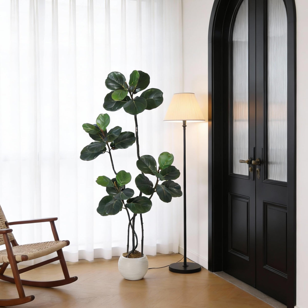 GarveeHome 5FT Artificial Ficus Lyrata Tree, Bendable Boughs, Modern White Pot Included, Perfect for Home Office Living Room Decor Indoor, Tall Artificial Tree for Housewarming Gift