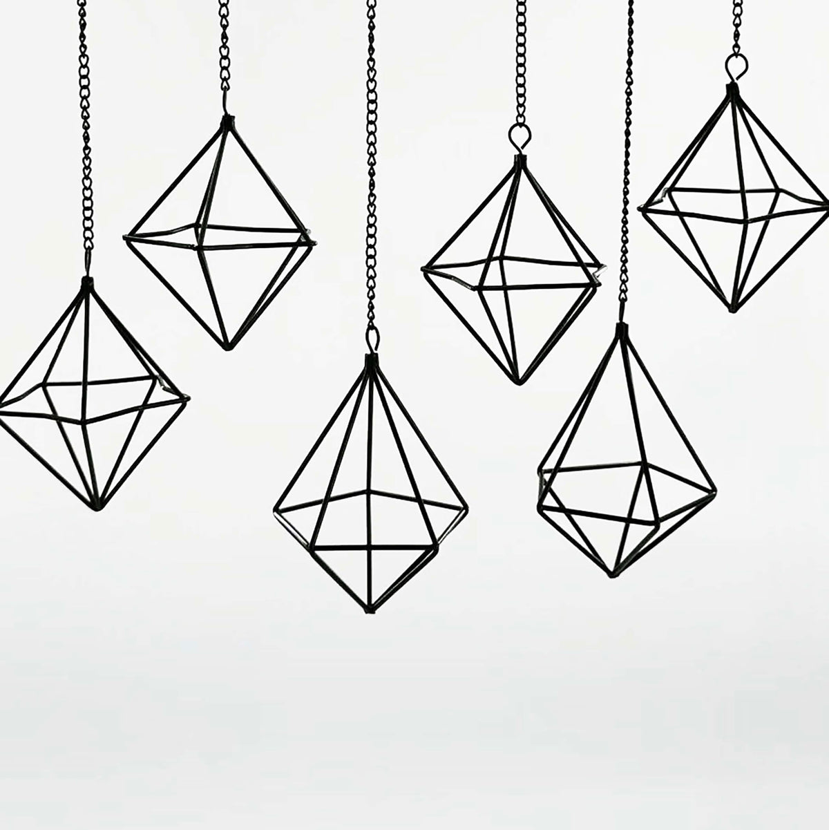 PUDAPU Clearance 6 Pack Hanging Metal Air Plant Holders with Chain, Black Geometric Tillandsia Air Plant Hanger Cages, 2 Styles Mini Iron Air Plants Live Holders for Home Office Garden Decor