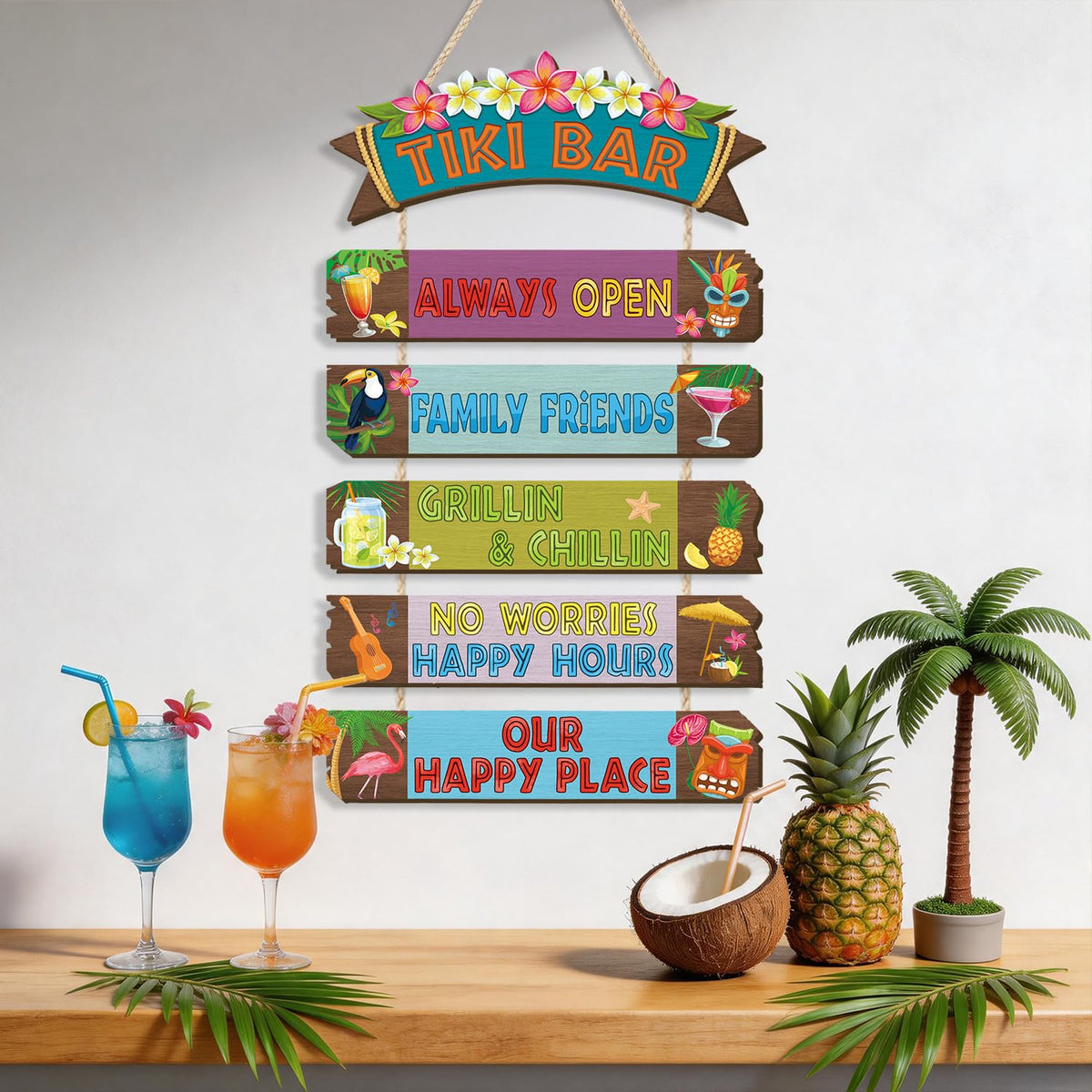 HOURIA Funny Tiki Bar Welcome Hanging Wood Sign,Tropical Hawaiian Luau Party Decorations(11.4"X21"),Funny Summer Tiki Bar Decor, Carnival Aloha Decoration for Outside Patio Backyard Beach
