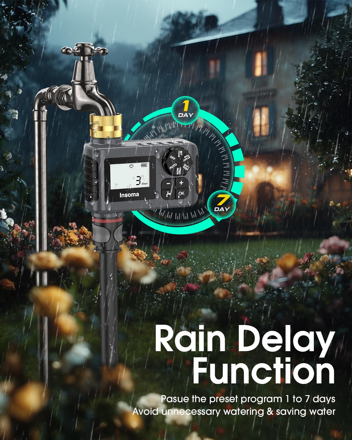 Water Timer for Outdoor Garden Hose, Hose Timer with Rain Delay/Manual Mode, Automatic Drip Irrigation Controller System for Lawn Yard Garden Watering