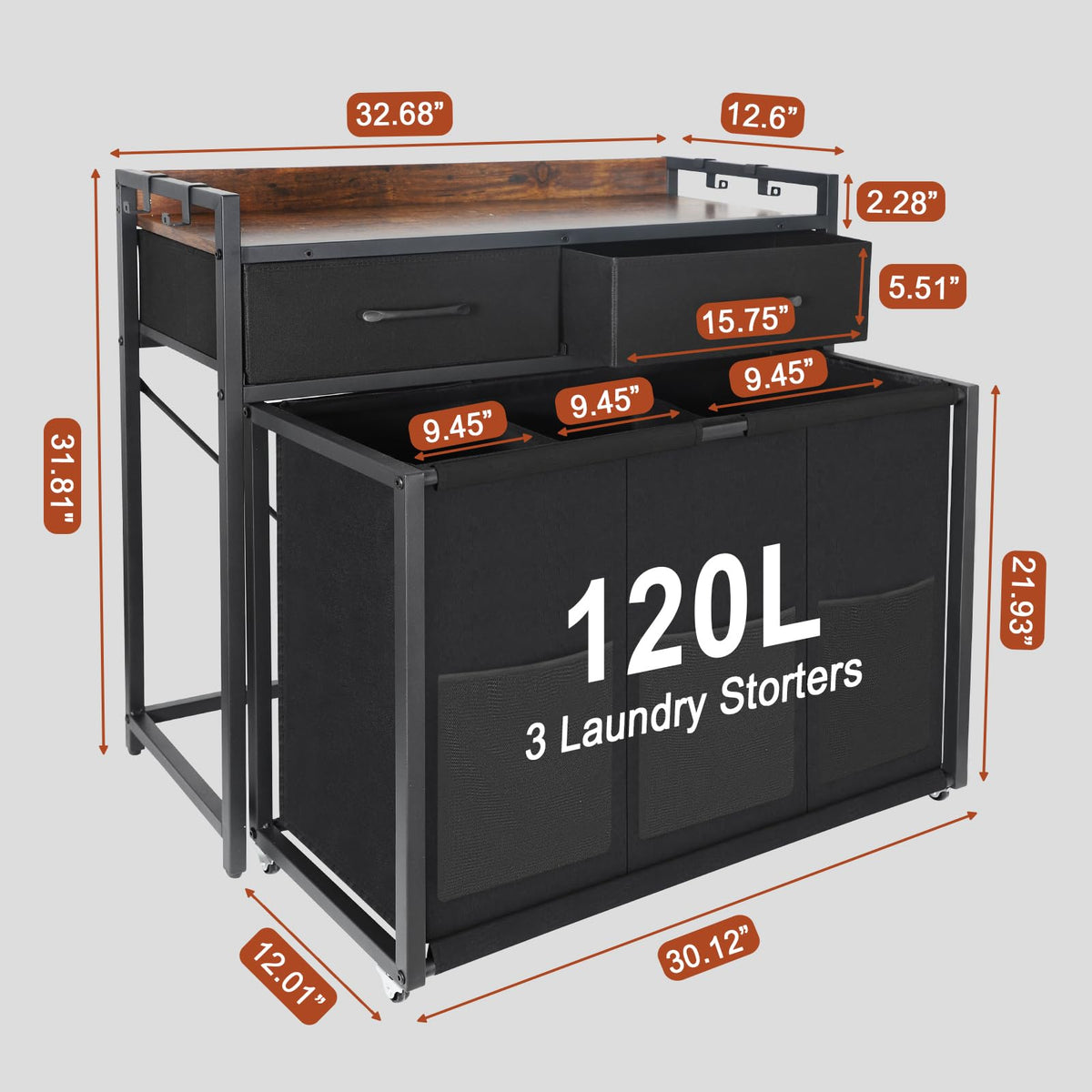Rolling Laundry Sorter with wheels, Laundry Hamper 3 Section with shelf - 3 × 10.5 Gal (120L) Capacity, Laundry Basket with Drawers for Clothes-1 Storage Shelf, Laundry Organizer for Laundry Room