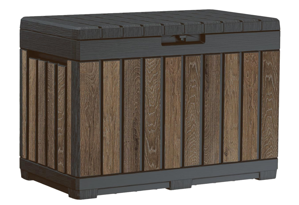 Keter Signature Everwood 50 Gallon Resin Deck Box-Organization and Storage for Patio Cushions, Throw Pillows and Garden Tools, Walnut