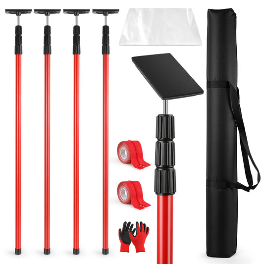 10FT Dust Barrier Poles Kit, 4 Pack Spring Retractable Zip Poles, with Heavy Duty Plastic Sheeting (32.8x13.1FT), 2 Zippers & Gloves, for Dust Barrier System, Renovation, Painting, Construction