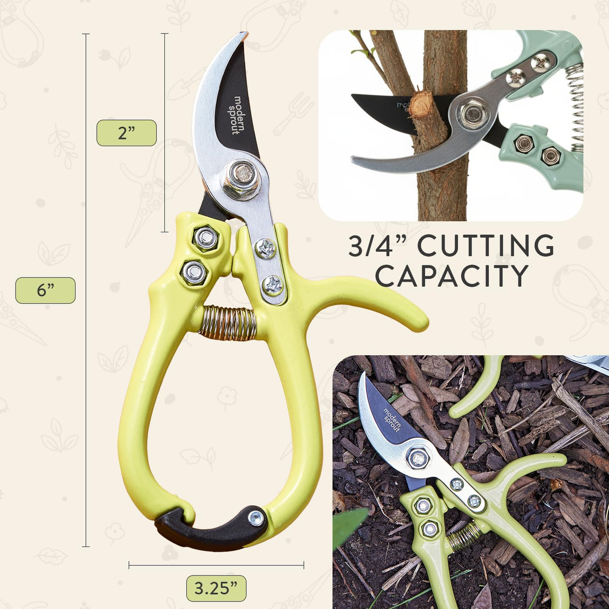 Modern Sprout Hand Pruners - Lightweight Pruning Shears W/Easy Lock- Gardening Scissors - Bypass Sharp Carbon Steel Blade - Rust Resistant - Garden Tools - Reusable Holster - Chartreuse
