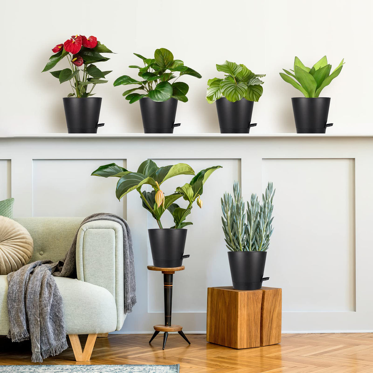 SPEPLA 8 Inch Self Watering pots for Indoor, 6 Pack Plastic Plant Pots with Drainage Holes, Black