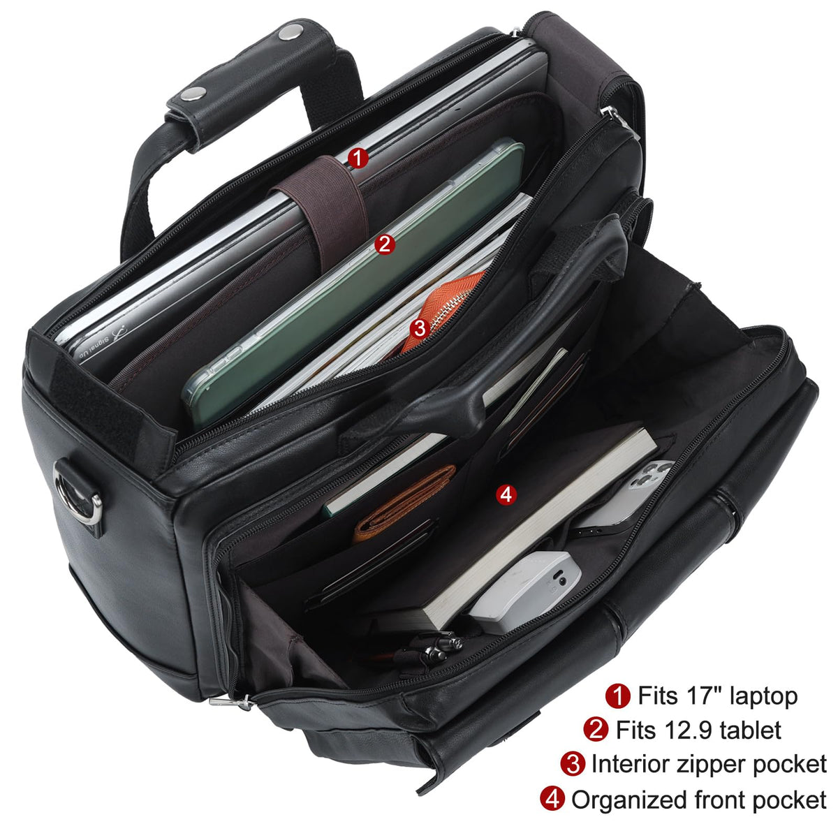 TIDING Genuine Leather Briefcase For Men 17.3 Inch Laptop Case Multi Pockets Business Travel Shoulder Messenger Bag_Black
