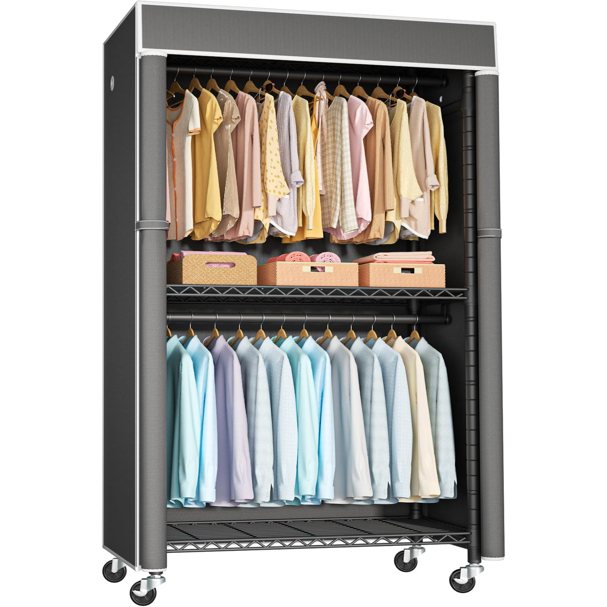 FUTASSI Black Clothing Rack with Dark Gray Cover, P1C Rolling Closets with Wheels, Metal Garment Rack for Hanging Clothes, Clothing Storage Wardrobe, 36.2" W x 16.5" D x 80.5" H, Load 450 Pounds