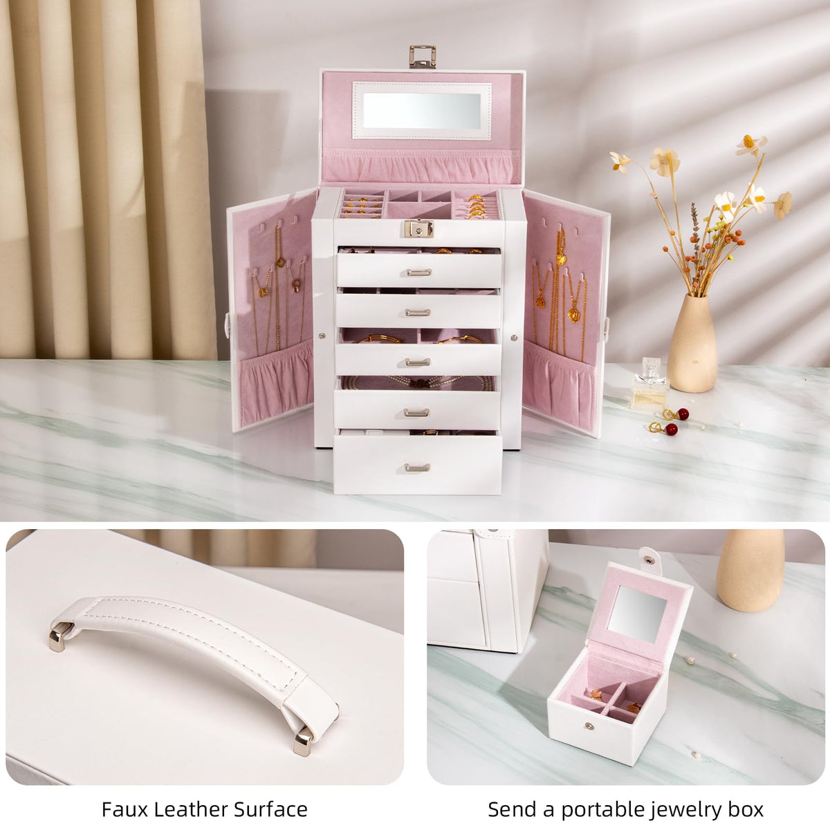 FEIYAN Large Jewelry Box,5-Tier PU Leather Jewelry Organizer with Lock,Multi-functional Storage Case with Mirror,Jewelry Organizer for Bracelets, Earrings, Rings, Necklaces, Mothers Day (CREAM)