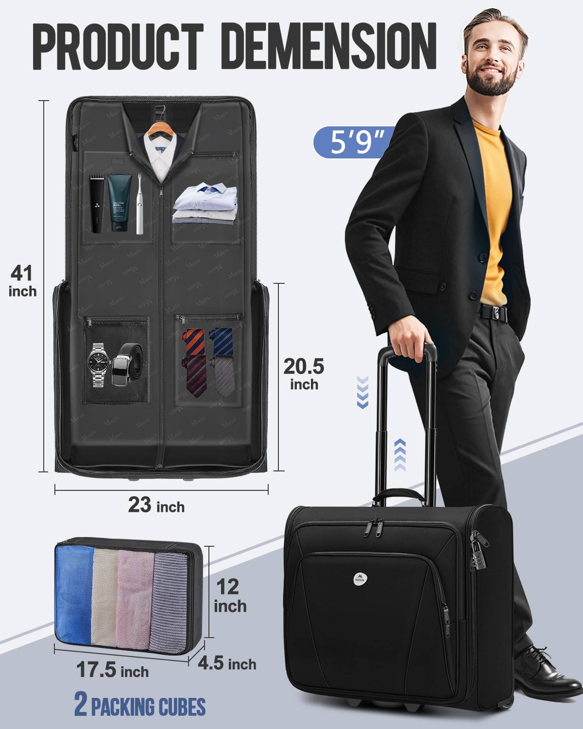 MATEIN Rolling Garment Bag with 2 Packing Cubes, Large Check-in Travel Garment Bags with 17.3 Inch Laptop Compartment, Wrinkle Free Wheeled Business Softside Suitcase Luggage for Men and Women, Black