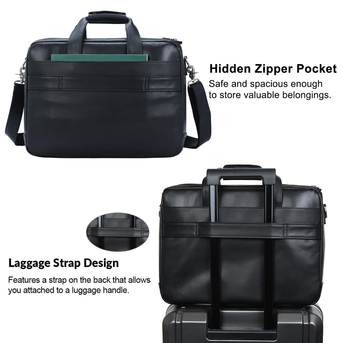TIDING Genuine Leather Briefcase For Men 17.3 Inch Laptop Case Multi Pockets Business Travel Shoulder Messenger Bag_Black