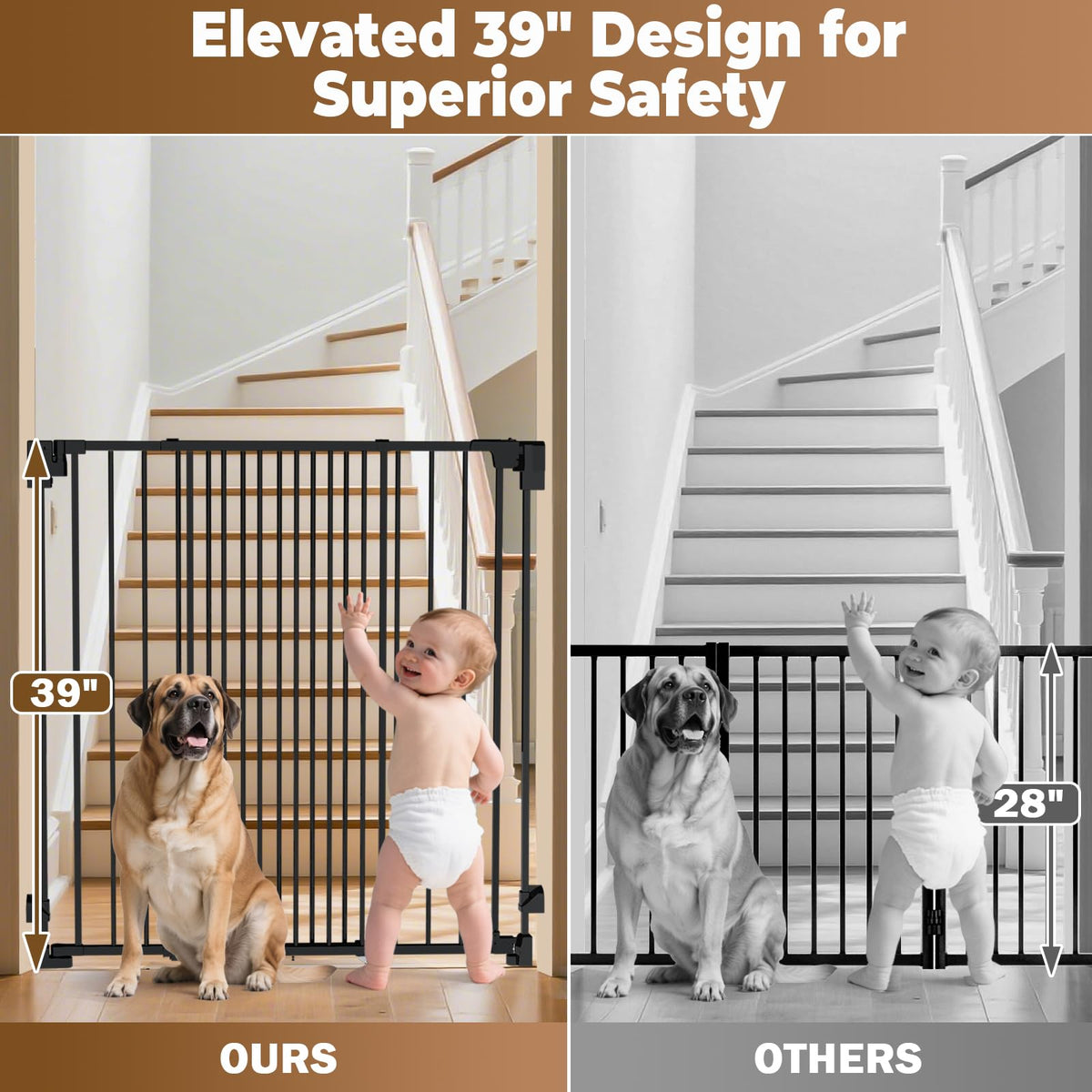 35-55" No Bottom Bar Baby Gates for Stairs, 39" Extra Tall Child Safety Gate with Auto Close Large Walk Thru Door, Hardware Mount Dog Gate Pet Gate for The House Doorways, Indoor Outdoor use