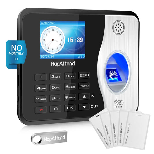 HapAttend Time Clocks Bundle with 15 RFID Cards, 0 Monthly Fees Standalone Biometric Time Attendance Punch Machine with Fingerprint, RFID and PIN - H3