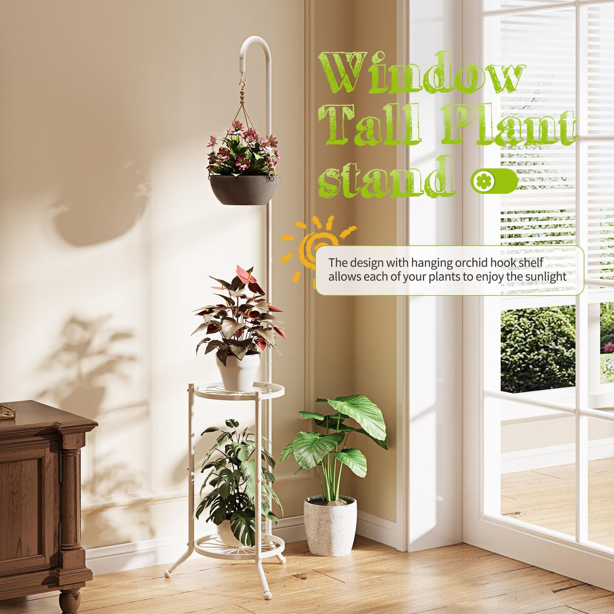 Plant Stand with Hooks Indoor Outdoor Corner Tall Plant Stand Heavy-Duty Metal 3-Tier Plant Shelf Holder Rack for Patio Garden Balcony Living Room Bedroom(semicircular White)