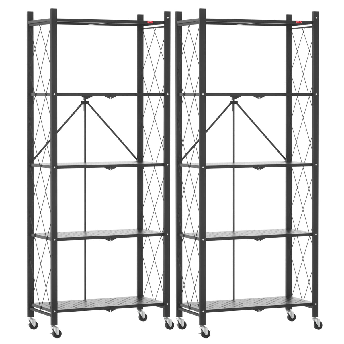 DEANIC 5-Shelf Folding Bookcase with Wheels, Heavy Duty Storage Shelves, Freestanding Metal Wire Shelving Unit for Living Room, Office, Kitchen, Basement, Pantry(Black 2 Pack)