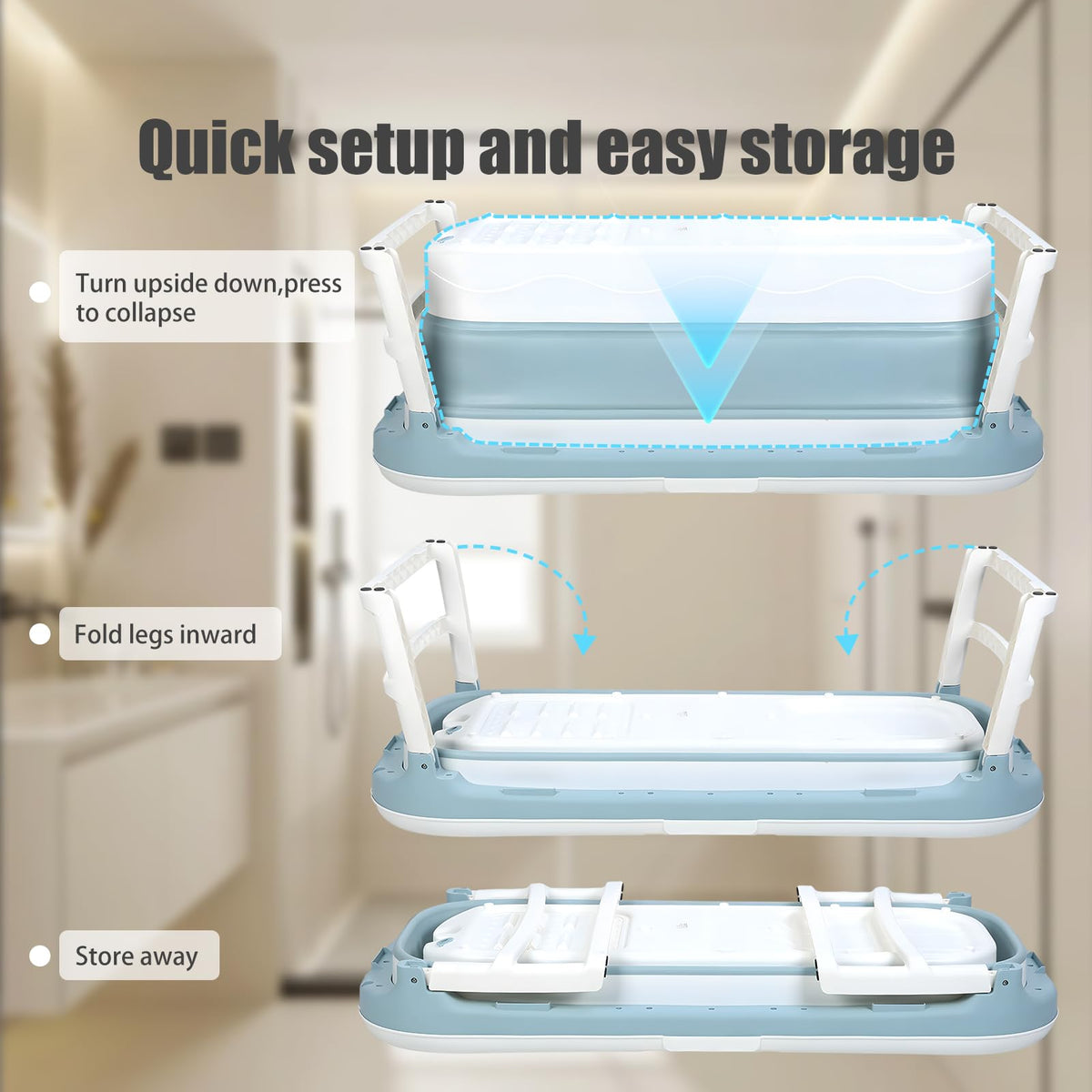 Fukursul 50" Large Folding Bathtub for Adults – Portable PP Tub with Back Cushion, Storage Basket & Thermal Cover, for Hot Bath or Ice Plunge (Blue-5, 50in)