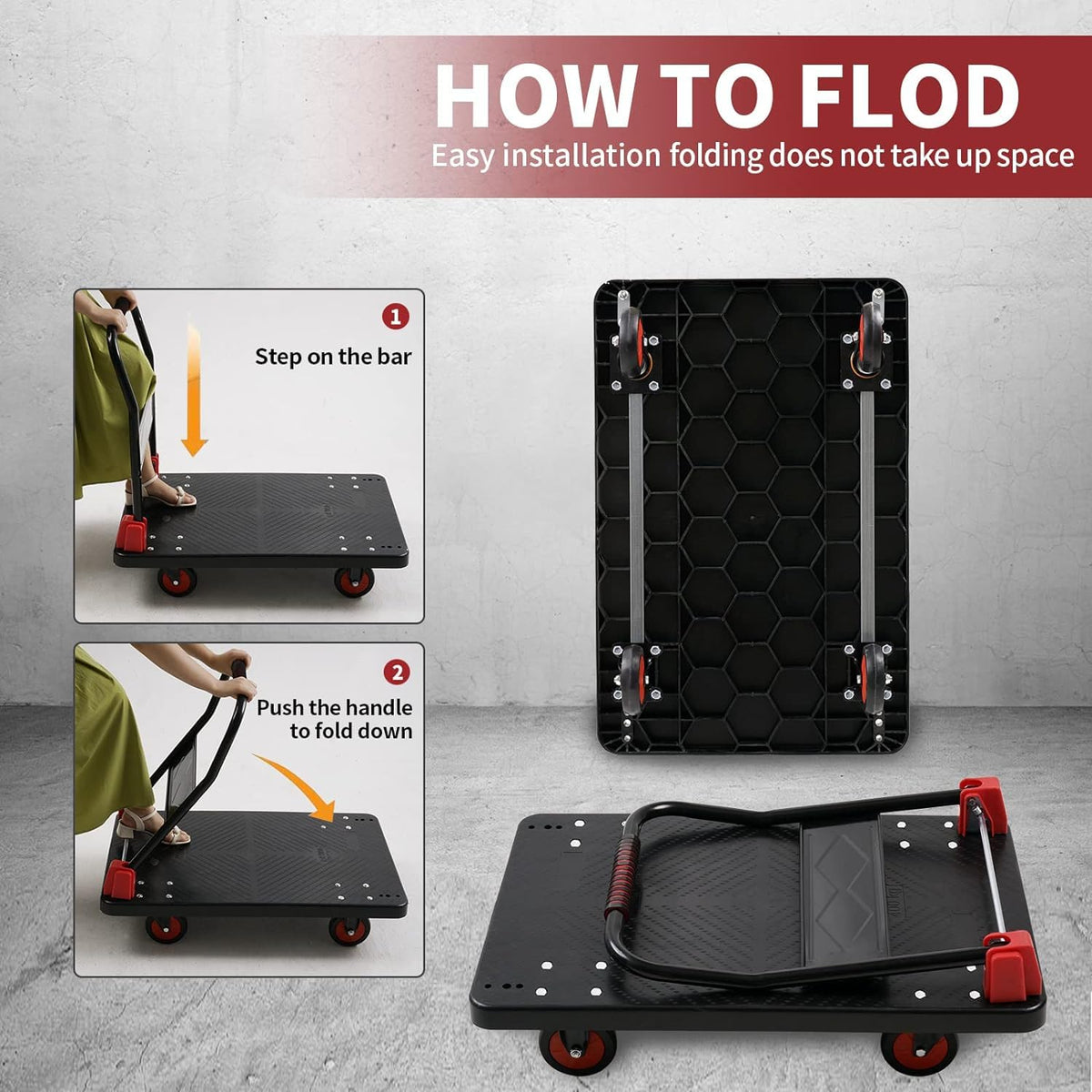 Lomive Platform Truck Push Cart Dolly, Foldable Hand Trucks with 1000LB Weight Capacity 36x24Inch Large Size for Easy Storage and 360 Degree Swivel Wheels