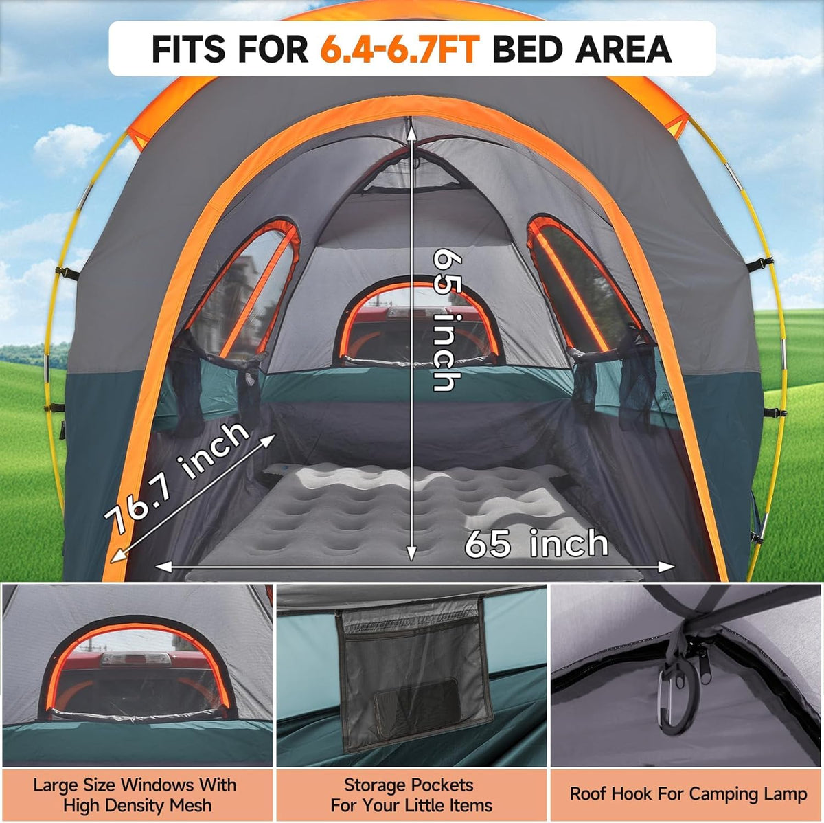 Truck Bed Tent 6.4' ~ 6.7' Easy Set Up Umburato Pickup Truck Tents for Camping, Waterproof PU3000mm Canopy for Truck Camper, Portable, Spacious for 2 Person Green