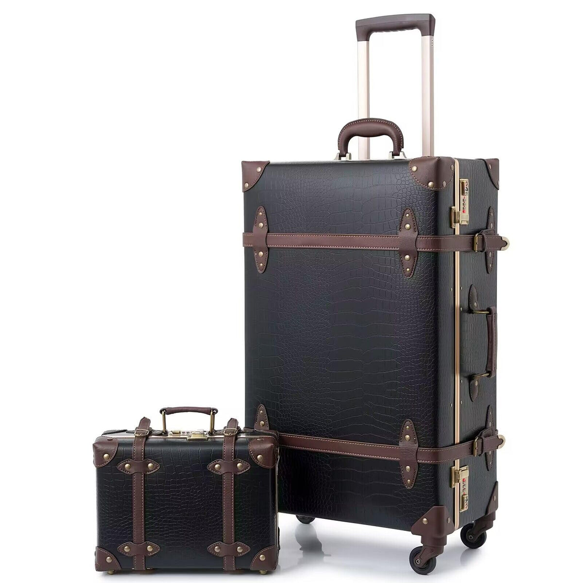 urecity Vintage Luggage Set of 2, Retro Suitcase Trunk with Wheels for Men and Women, Cute Designer Travel Luggage Set with Boarding Tote, Luggage Zipperless TSA Approved (20"+12", Black)
